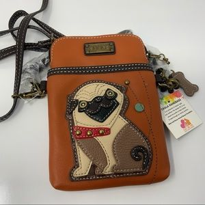 Chala Cell Phone Crossbody Bag Pug Dog Convertible Strap Orange Faux Leather New Chala Cell Phone Crossbody Bag Pug Dog Convertible Strap Orange Faux Leather New